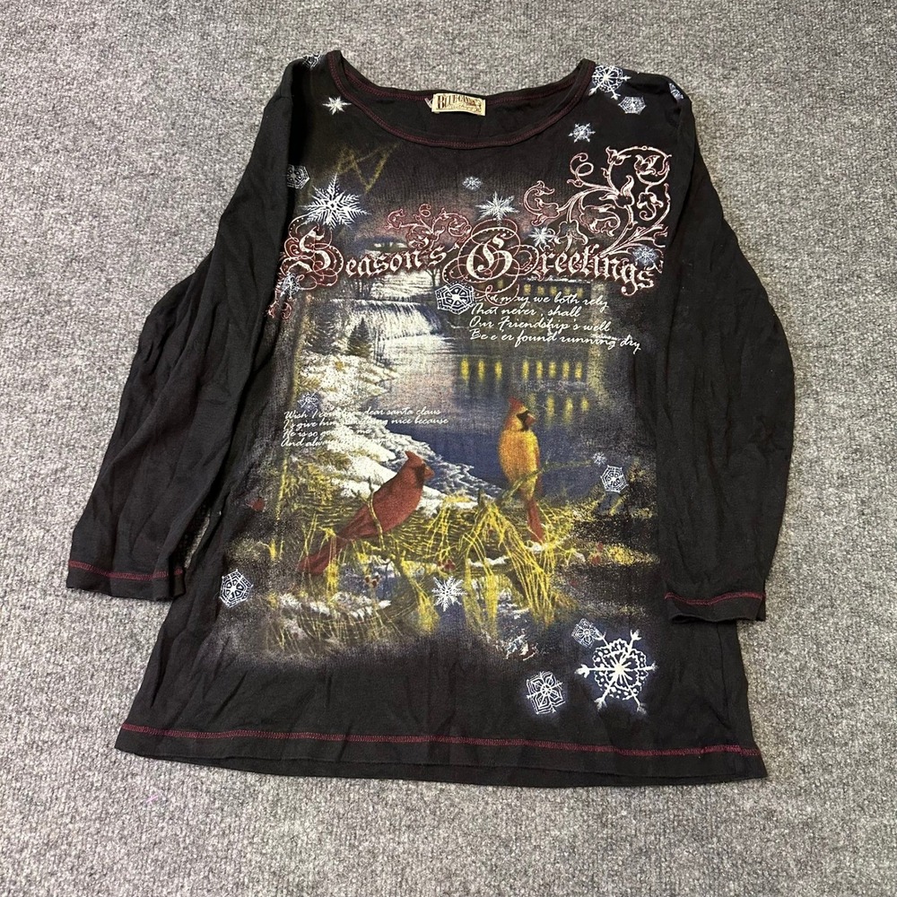 Blue Canyon Shirt Womens XL Black Graphic Seasons Greetings Cardinal Tee